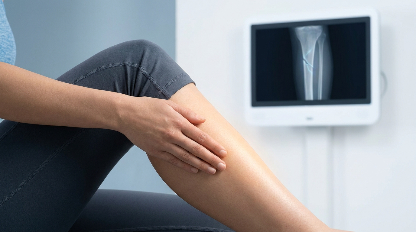 Personne touchant son tibia, avec une radiographie de jambe montrant une fissure osseuse affichée sur un moniteur.