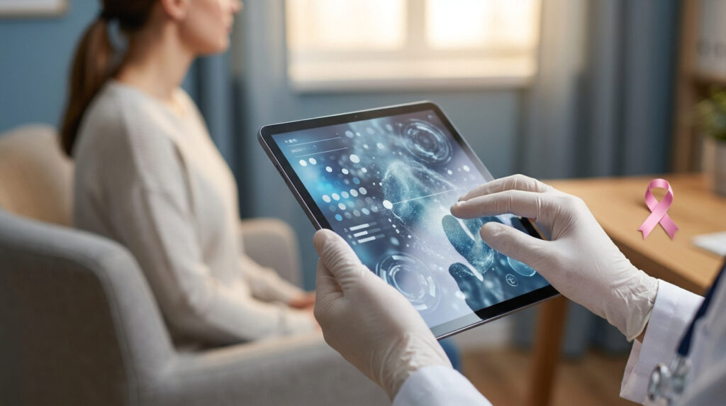 Médecin avec gants médicaux manipulant une tablette affichant des données médicales. Une patiente floue est assise en arrière-plan. Ruban rose sur le bureau.