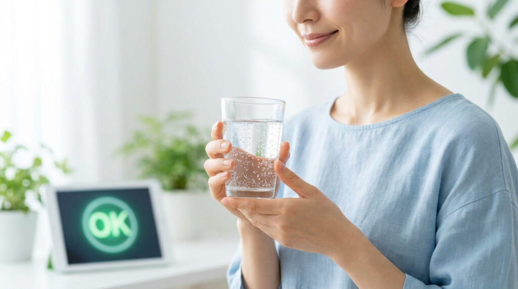 Une femme souriante tient un verre d'eau. En arrière-plan flou, une tablette affiche un grand 'OK' vert. Scène de bien-être.