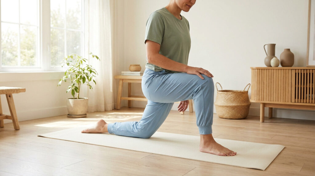 Femme en fente basse sur tapis, soulageant une cruralgie. Elle étire doucement la jambe arrière dans un intérieur lumineux.