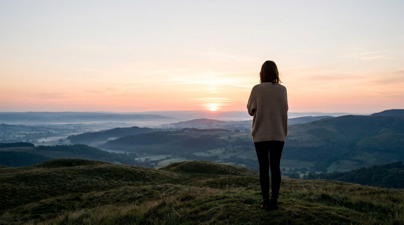 Femme sur une colline herbeuse, dos à l'appareil, observant un lever/coucher de soleil sur une vallée brumeuse et des montagnes.