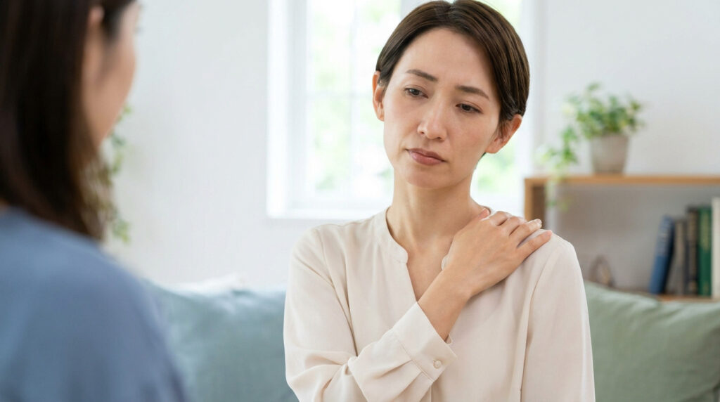 Femme l'air grave, main sur l'épaule, discutant avec interlocuteur. Contexte de préoccupations médicales ou de soutien.