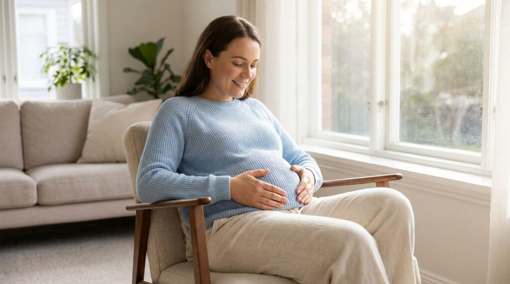 Femme enceinte souriante assise dans un fauteuil, les mains sur son ventre arrondi, près d'une fenêtre lumineuse.