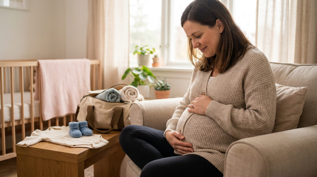 Femme enceinte souriante touchant son ventre, entourée d'affaires de bébé : berceau, chaussons bleus, body et sac à langer.