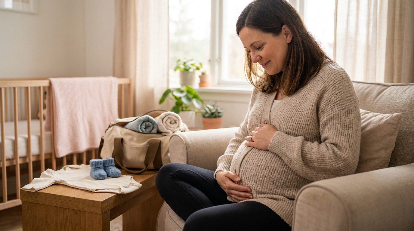 Femme enceinte souriante touchant son ventre, entourée d'affaires de bébé : berceau, chaussons bleus, body et sac à langer.