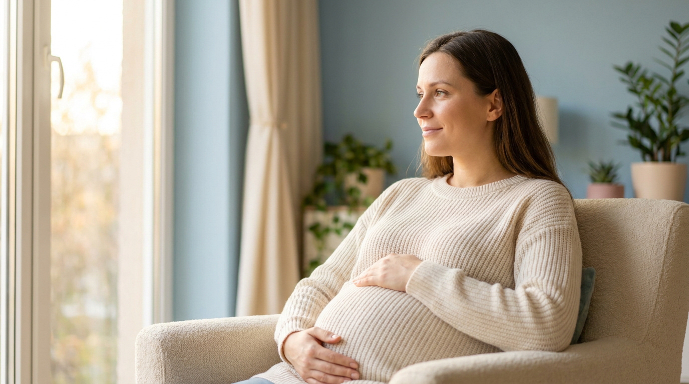 Une femme enceinte souriante et sereine est assise dans un fauteuil, regardant par la fenêtre, les mains sur son ventre arrondi.