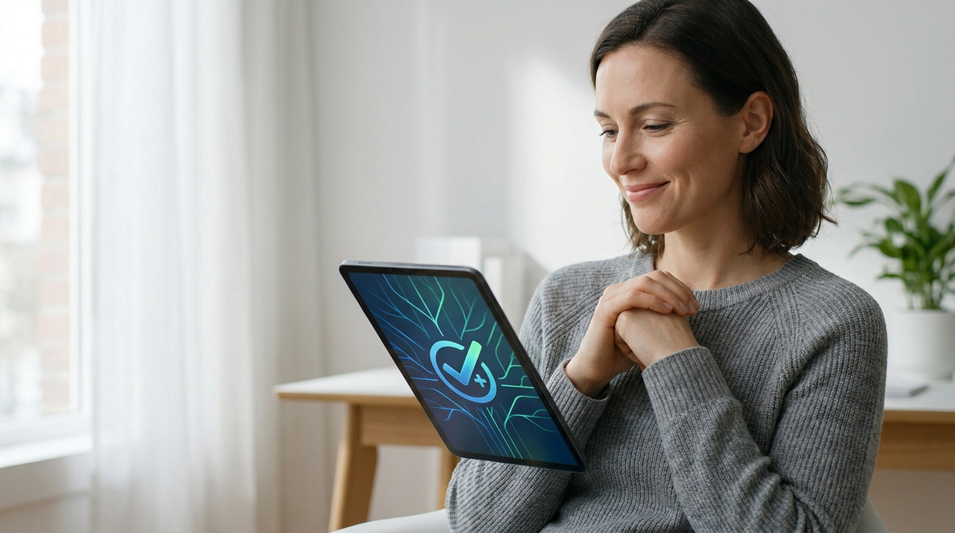 Femme souriante consulte une tablette affichant un symbole de validation lumineux et des motifs organiques, évoquant des informations positives.