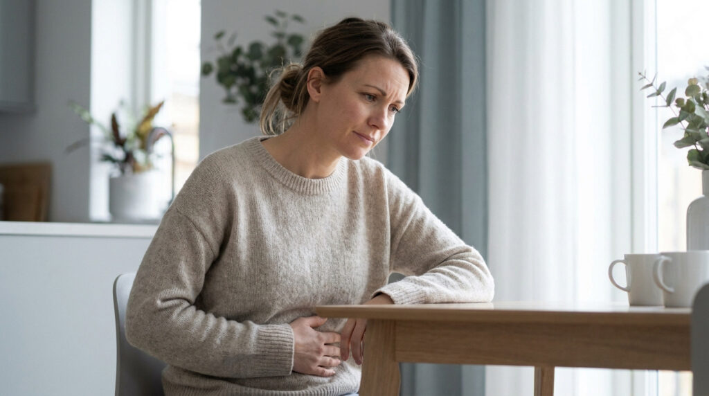 Une femme assise à table, le visage crispé, se tient le ventre, visiblement souffrante de nausées ou de douleurs abdominales.