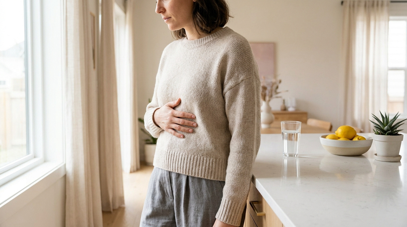 Femme en pull beige, main sur l'abdomen, l'air pensif, symbolisant l'inconfort digestif ou le reflux acide dans un intérieur clair.