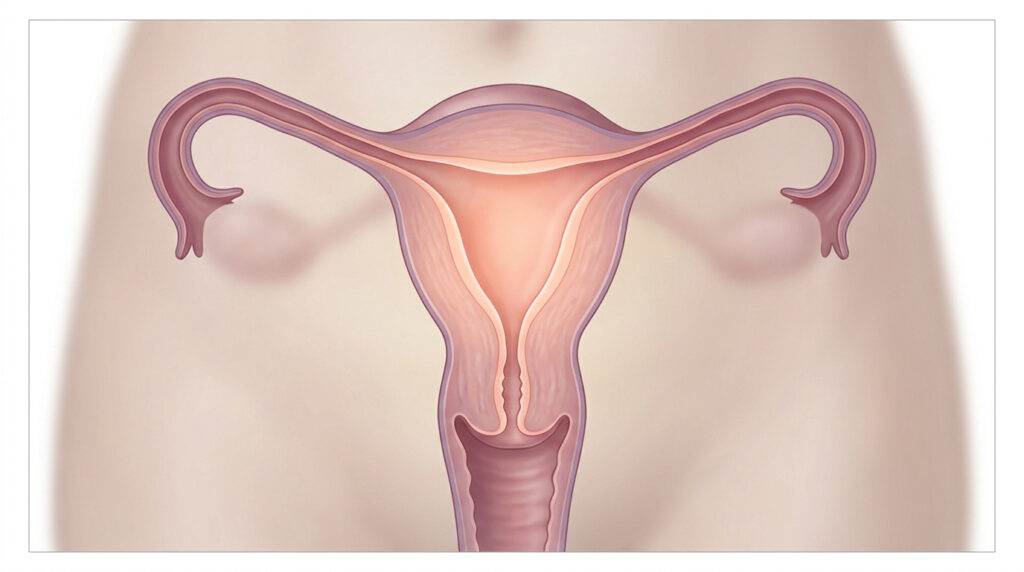 Illustration anatomique de l'appareil reproducteur féminin : utérus, ovaires, trompes, vagin. L'endomètre est mis en évidence.