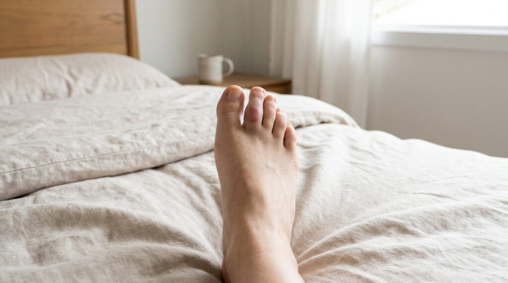 Gros plan sur un pied avec un orteil enflé et bleui, reposant sur un lit. Contexte de suspicion de fracture.