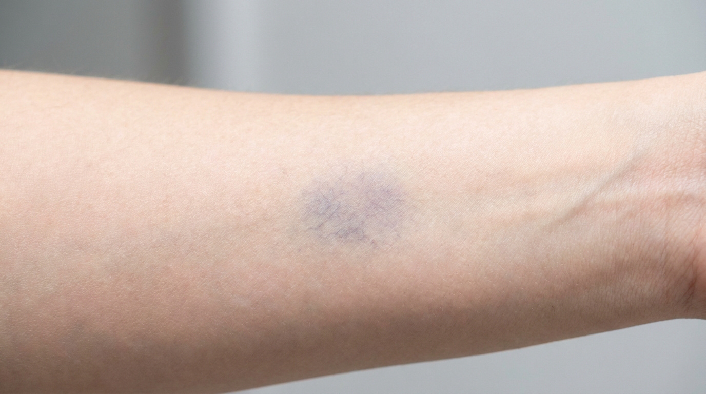 Gros plan sur un avant-bras à la peau claire présentant une marque violacée circulaire, ressemblant à une ecchymose.