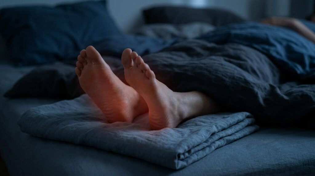 Gros plan sur des pieds nus rouges et brûlants, dépassant d'une couette bleue sur un lit sombre.