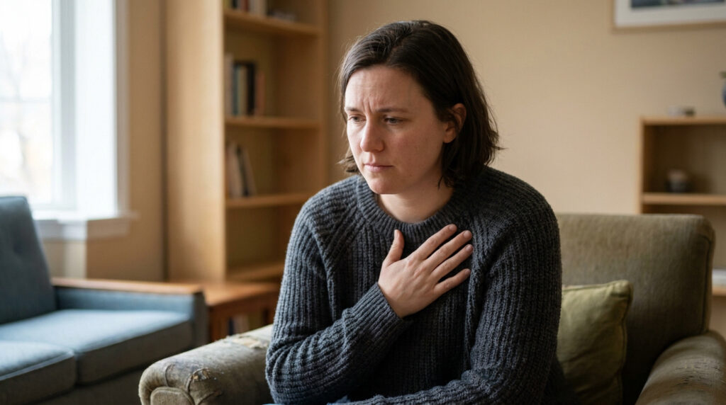 Femme l'air triste, main sur la poitrine, assise sur un canapé dans un intérieur. Évoque la douleur et le stress.