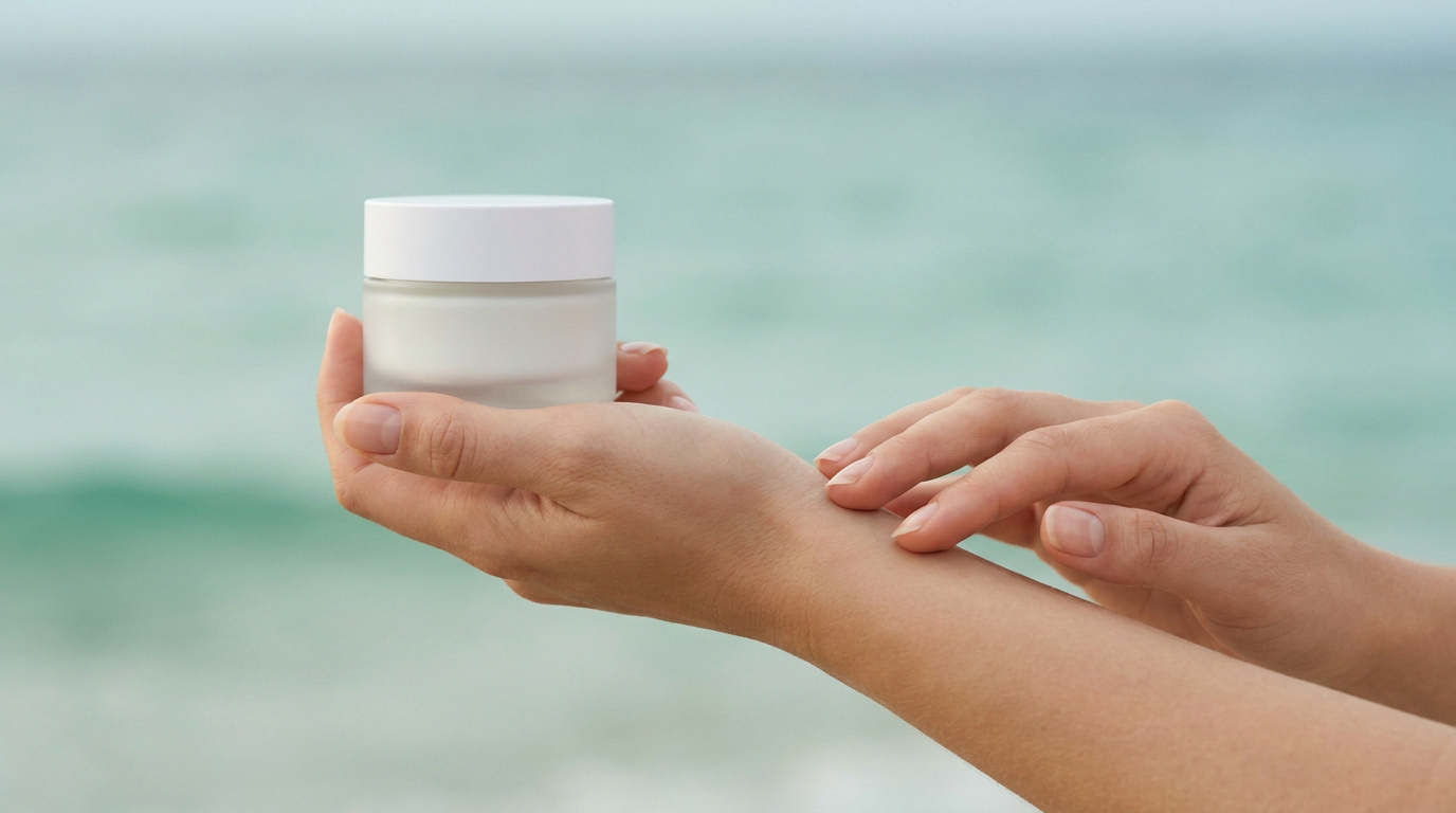Mains tenant un pot de crème cosmétique sur fond de mer.