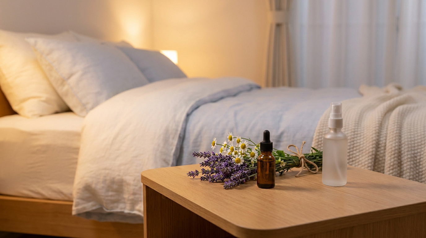 Bouquet de lavande et camomille, huile essentielle et spray sur table de chevet devant un lit douillet éclairé.