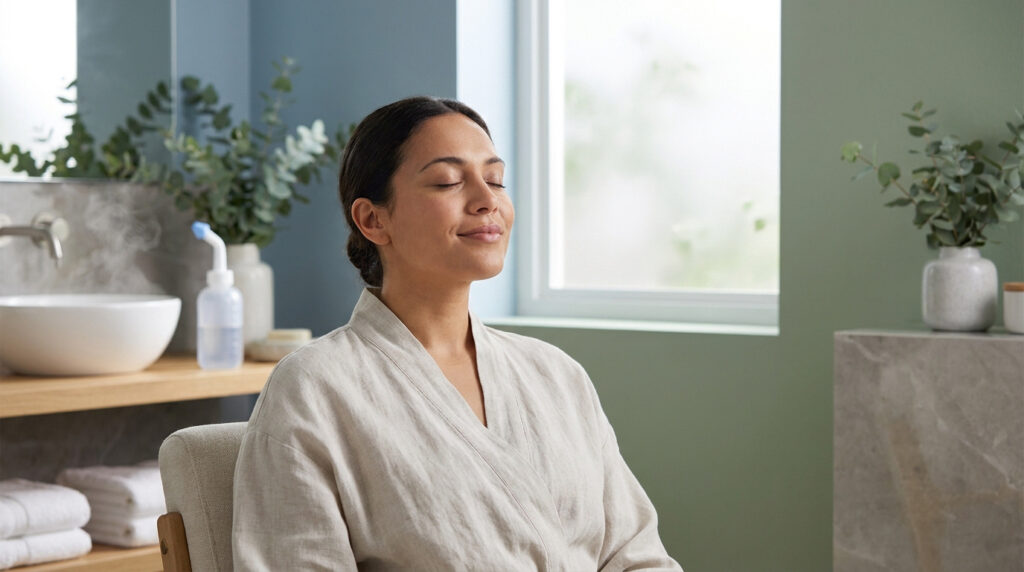 Femme se relaxant les yeux fermés dans une salle de bain, de la vapeur s'élevant d'un lavabo et une bouteille de rinçage nasal.