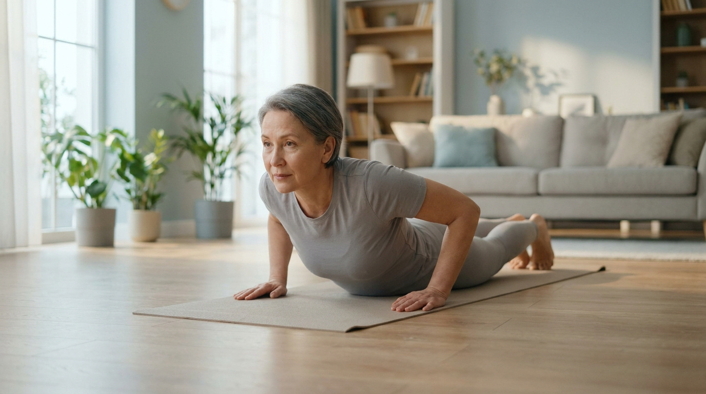 Une femme aux cheveux gris pratiquant l'extension du dos de la méthode McKenzie sur un tapis de yoga dans son salon.