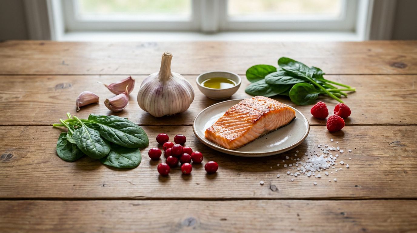 Filet de saumon, épinards, ail, huile et baies sur une table en bois pour favoriser une circulation sanguine saine.