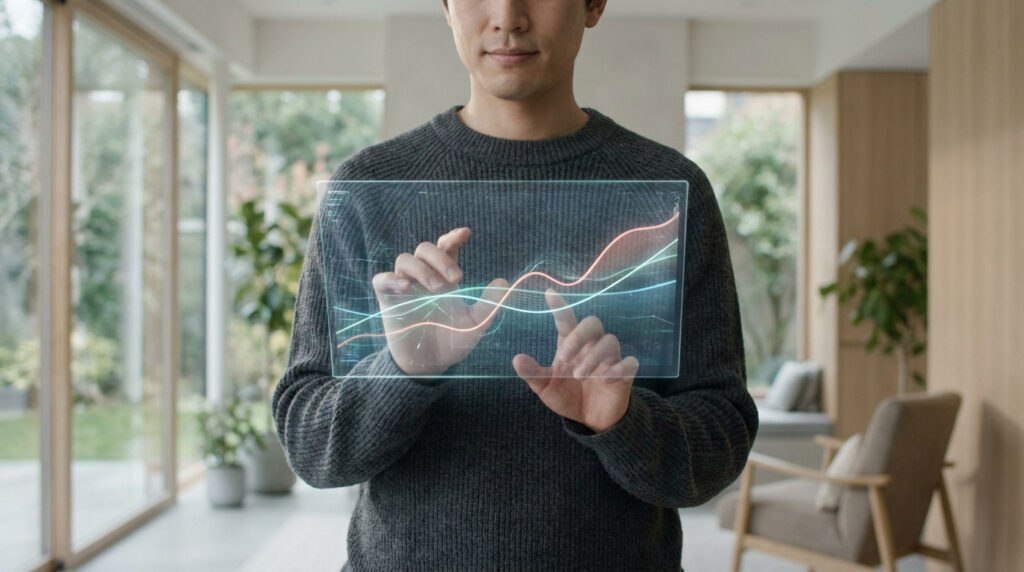 Un homme examine un graphique numérique flottant montrant l'évolution des taux de protéines dans le cadre d'un bilan.