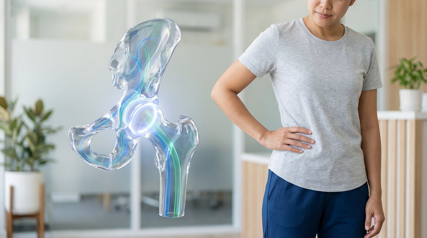Une femme tenant sa hanche avec une illustration médicale 3D transparente de l'articulation de la hanche à côté d'elle.