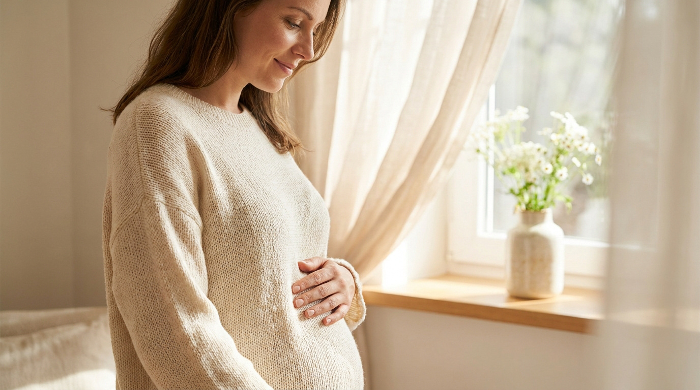 Une femme enceinte souriante caresse tendrement son ventre devant une fenêtre lumineuse.