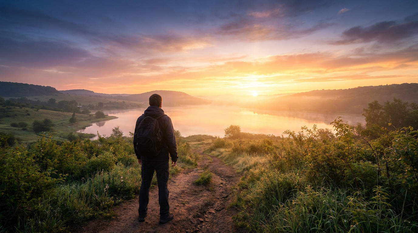 Un homme avec un sac à dos regarde un lever de soleil paisible sur un lac brumeux.