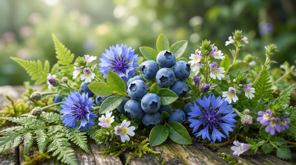 Un arrangement de myrtilles fraîches entourées de bleuets et d'euphraise sur un fond de fougères et de verdure.