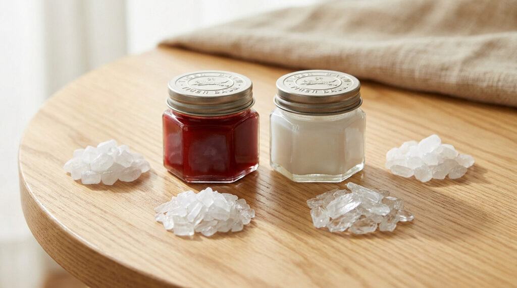 Deux pots de baume du tigre rouge et blanc entourés de cristaux naturels sur une table en bois clair.