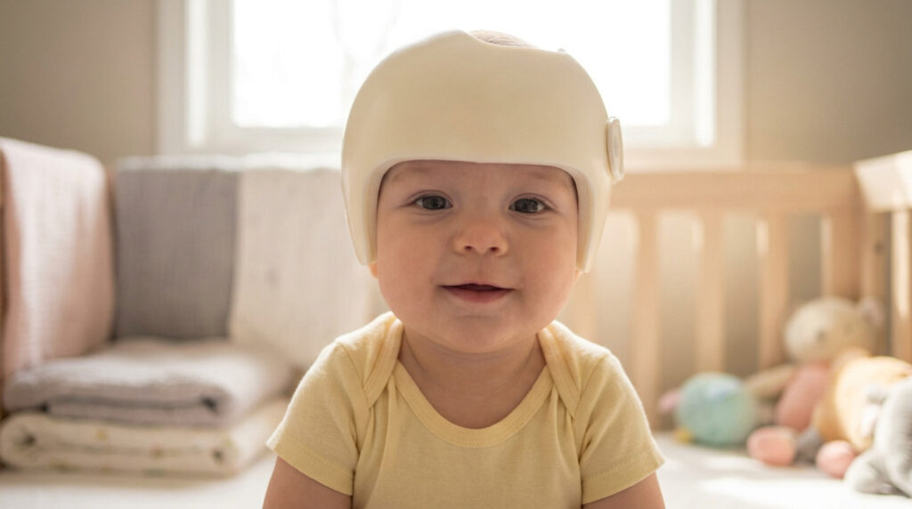 Un bébé souriant portant un casque médical blanc de correction crânienne dans un berceau.