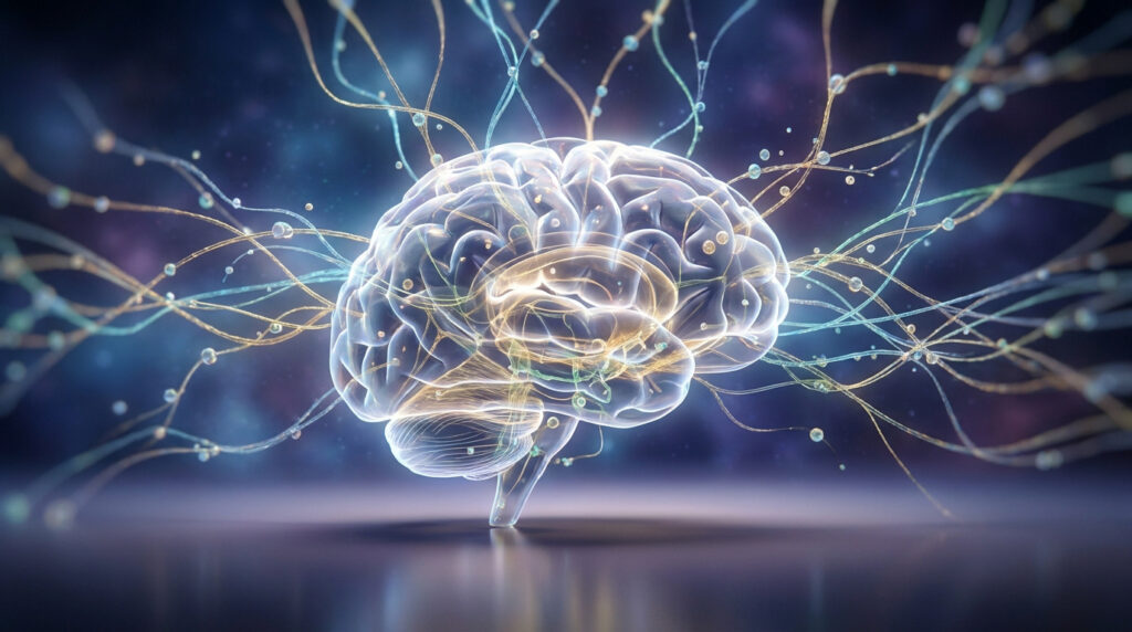 Représentation 3D d'un cerveau humain translucide avec des réseaux neuronaux lumineux sur fond bleu sombre.
