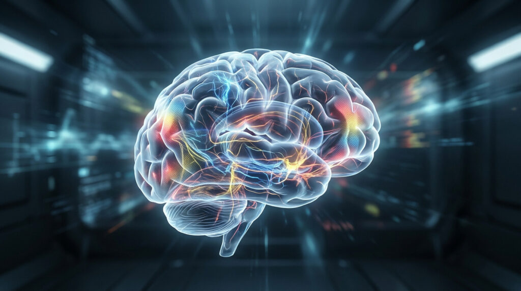 Représentation numérique en 3D d'un cerveau humain avec des connexions neuronales lumineuses sur fond technologique.