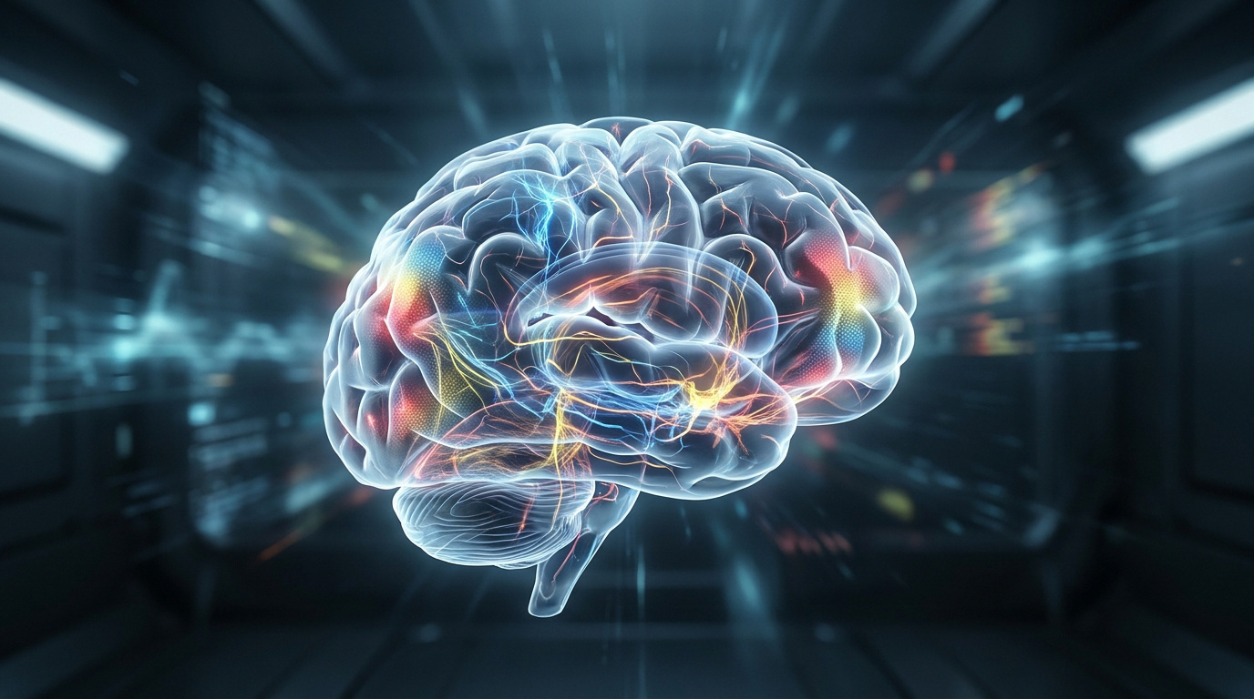 Représentation numérique en 3D d'un cerveau humain avec des connexions neuronales lumineuses sur fond technologique.