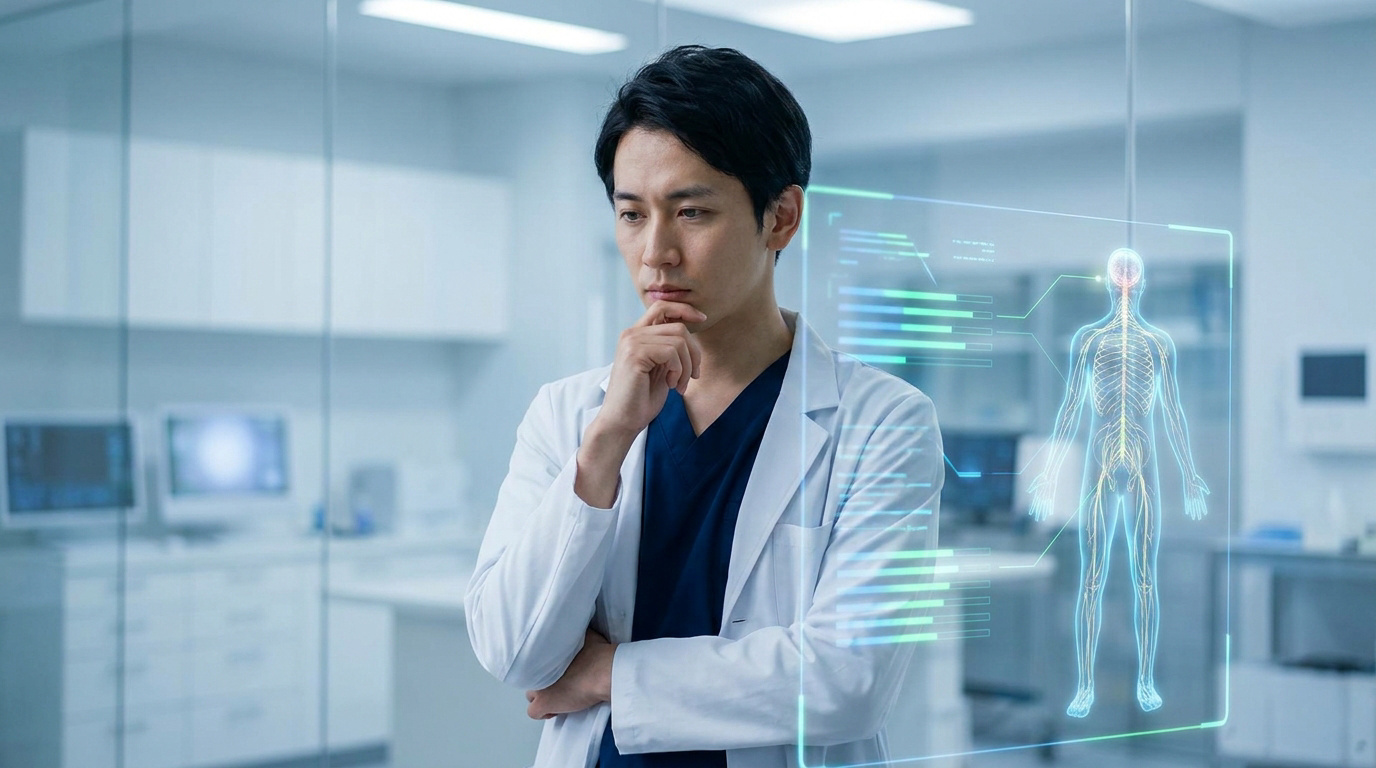 Un médecin en blouse blanche réfléchit devant une interface numérique holographique affichant le système nerveux humain.