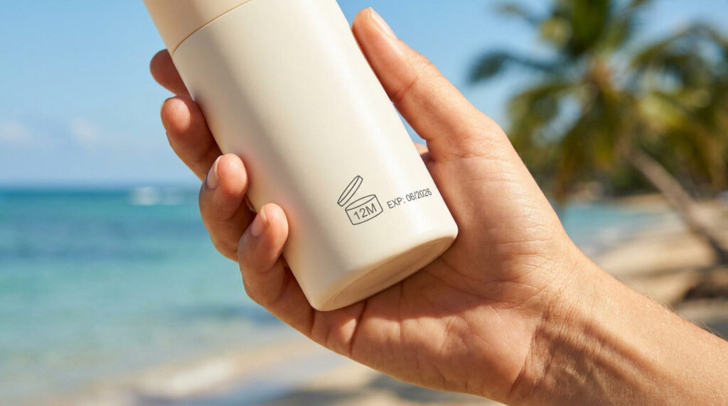 Main tenant un flacon de crème solaire avec le logo PAO 12M et une date d'expiration visible, sur une plage en arrière-plan.