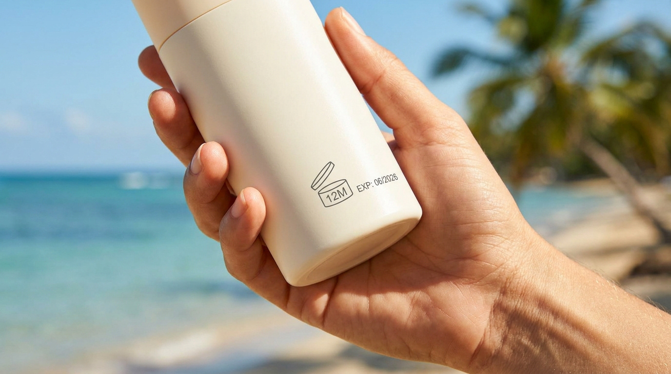 Main tenant un flacon de crème solaire avec le logo PAO 12M et une date d'expiration visible, sur une plage en arrière-plan.