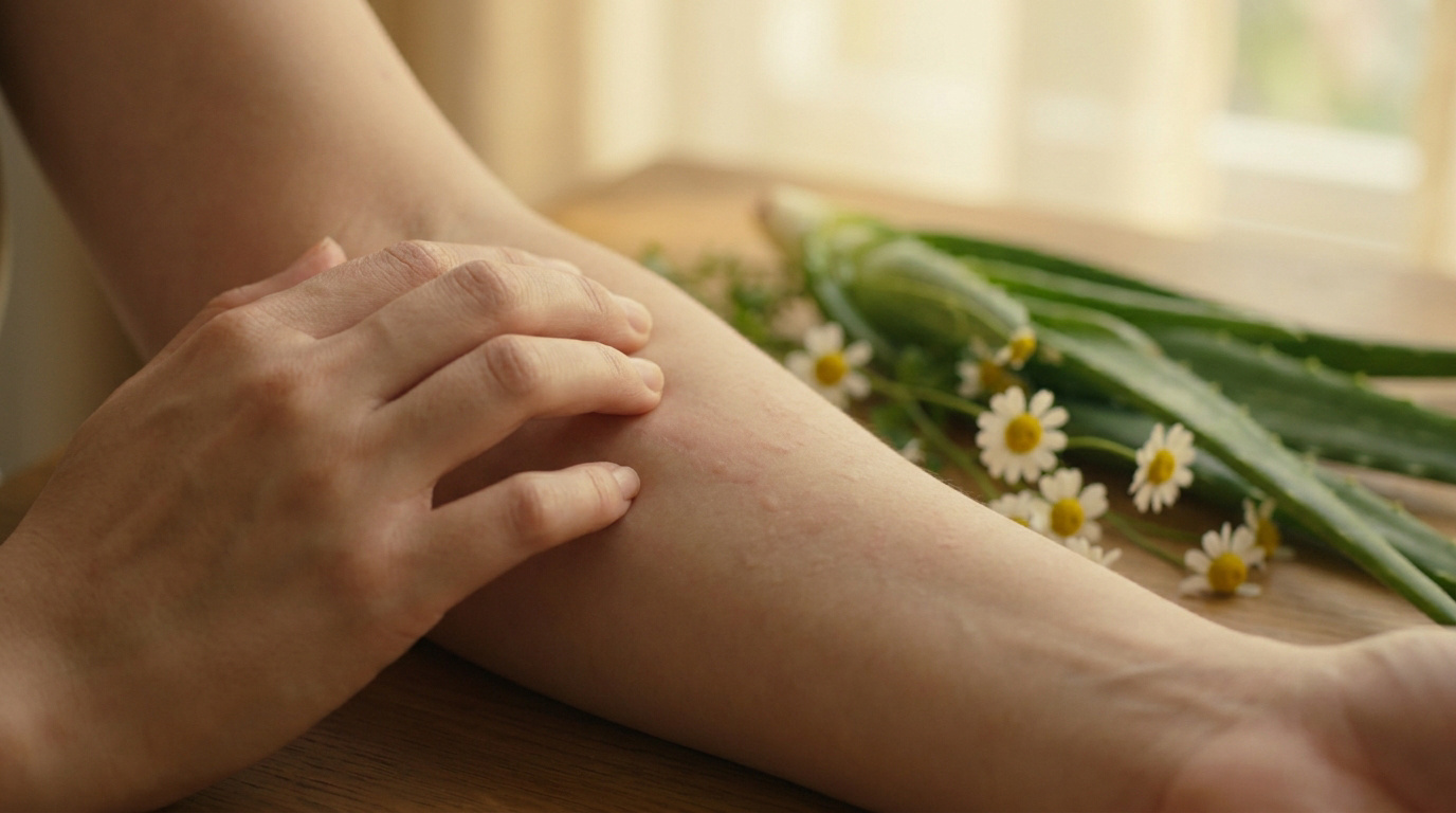Une personne touche sa peau irritée près de feuilles d'aloe vera et de camomille sur une table en bois.
