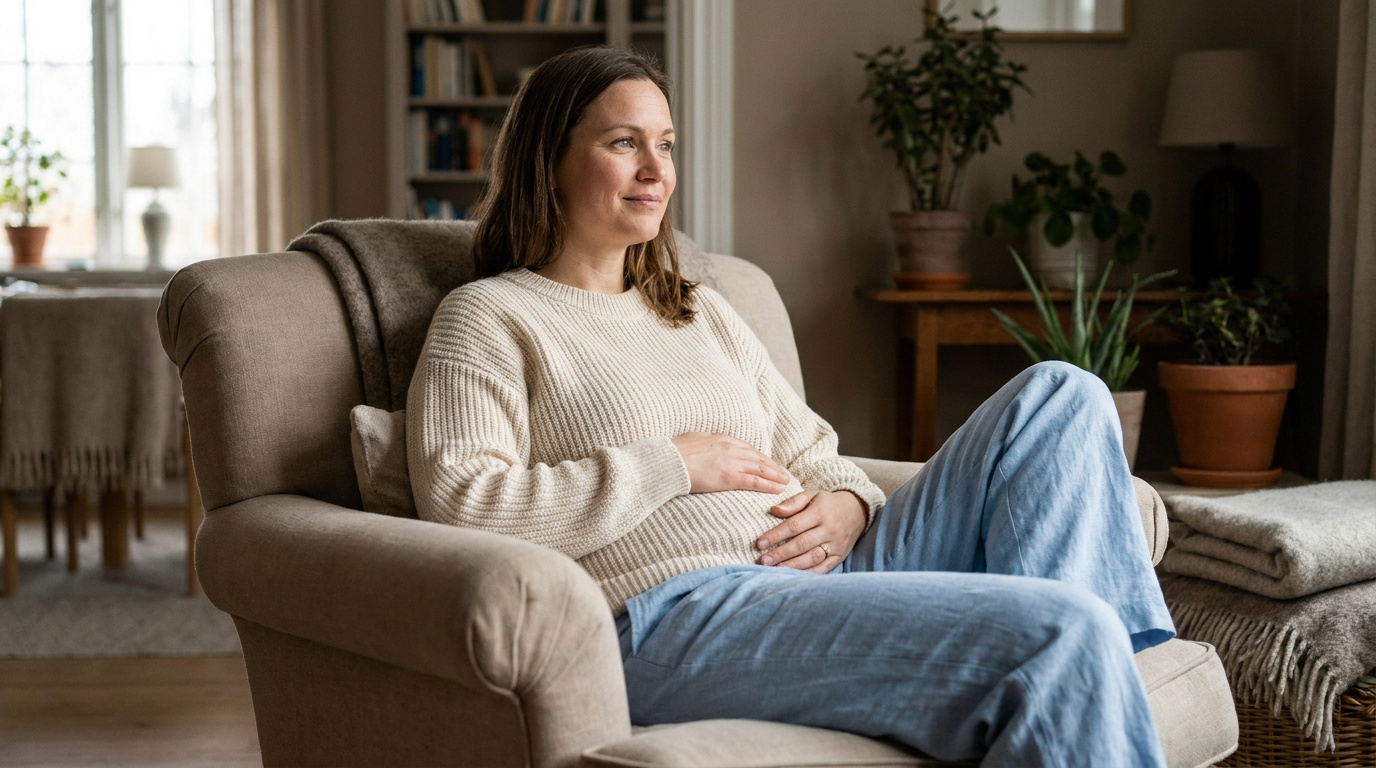 Femme assise dans un fauteuil, posant doucement ses mains sur son ventre dans un salon chaleureux et calme.