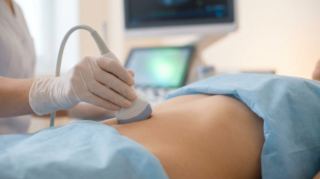 Médecin effectuant une échographie abdominale sur un patient.