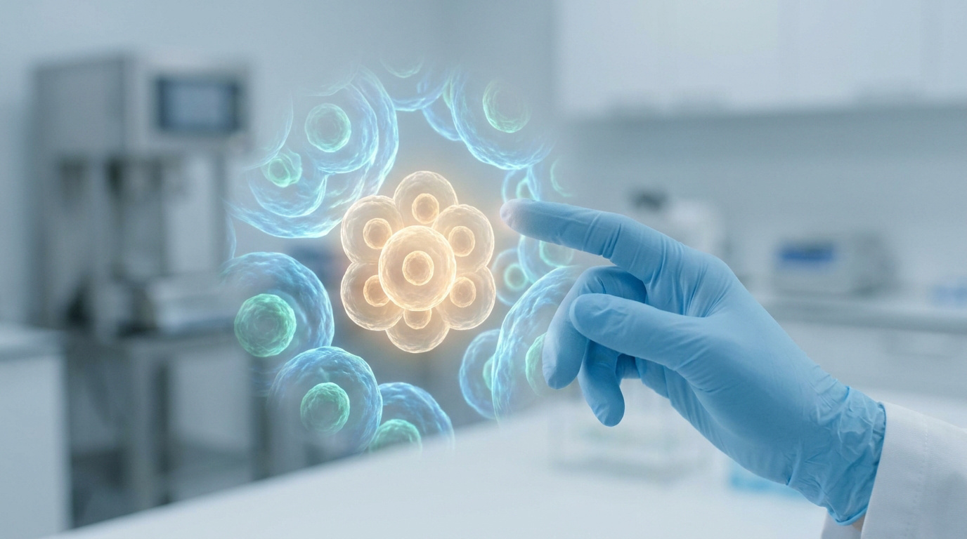 Un chercheur en blouse et gants manipule une projection holographique de cellules en laboratoire.