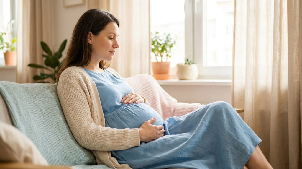Une femme enceinte assise sur un canapé, touchant tendrement son ventre.