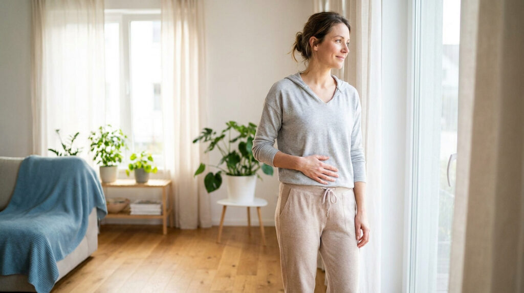 Une femme souriante à la maison, posant sa main sur son ventre après l'accouchement.