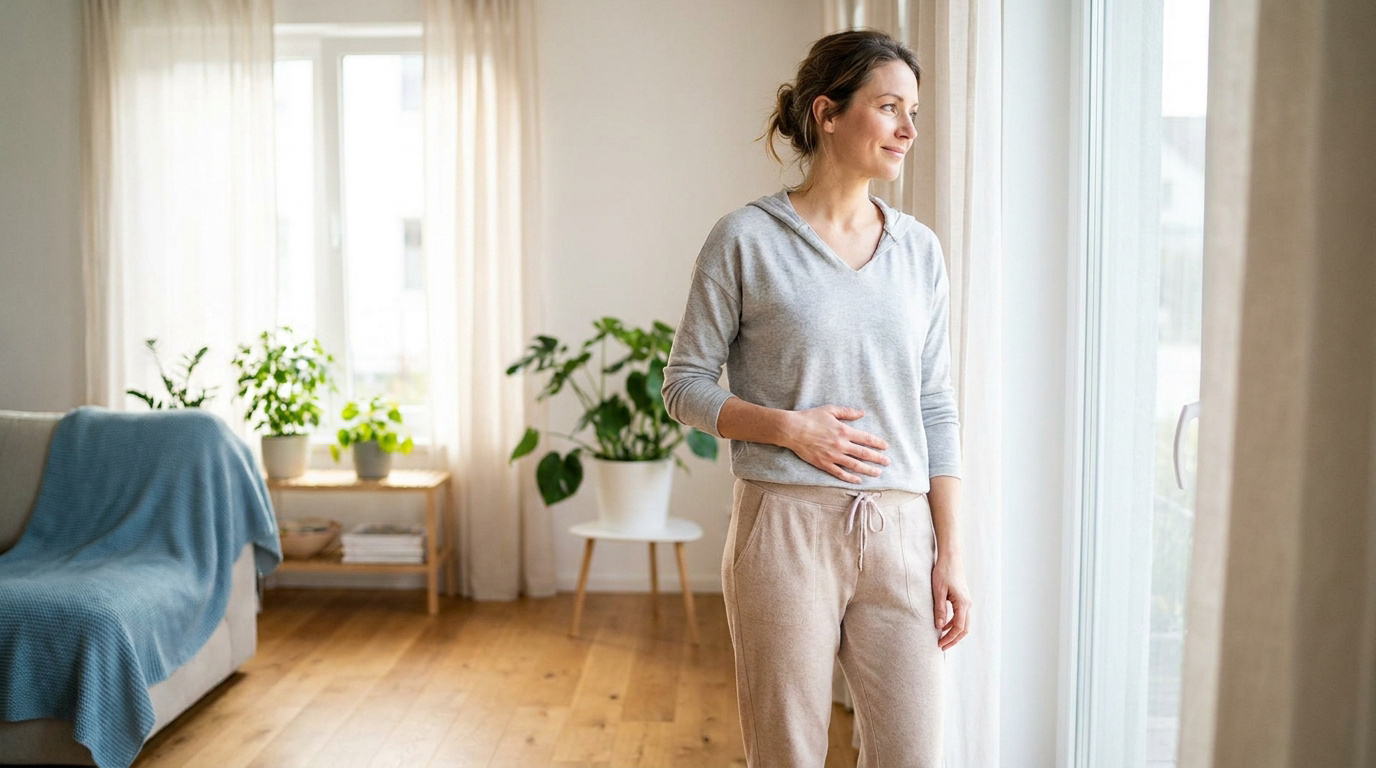 Une femme souriante à la maison, posant sa main sur son ventre après l'accouchement.