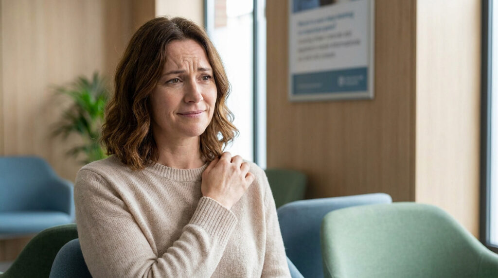 Une femme préoccupée assise dans une salle d'attente médicale, touchant son épaule avec une expression de doute.