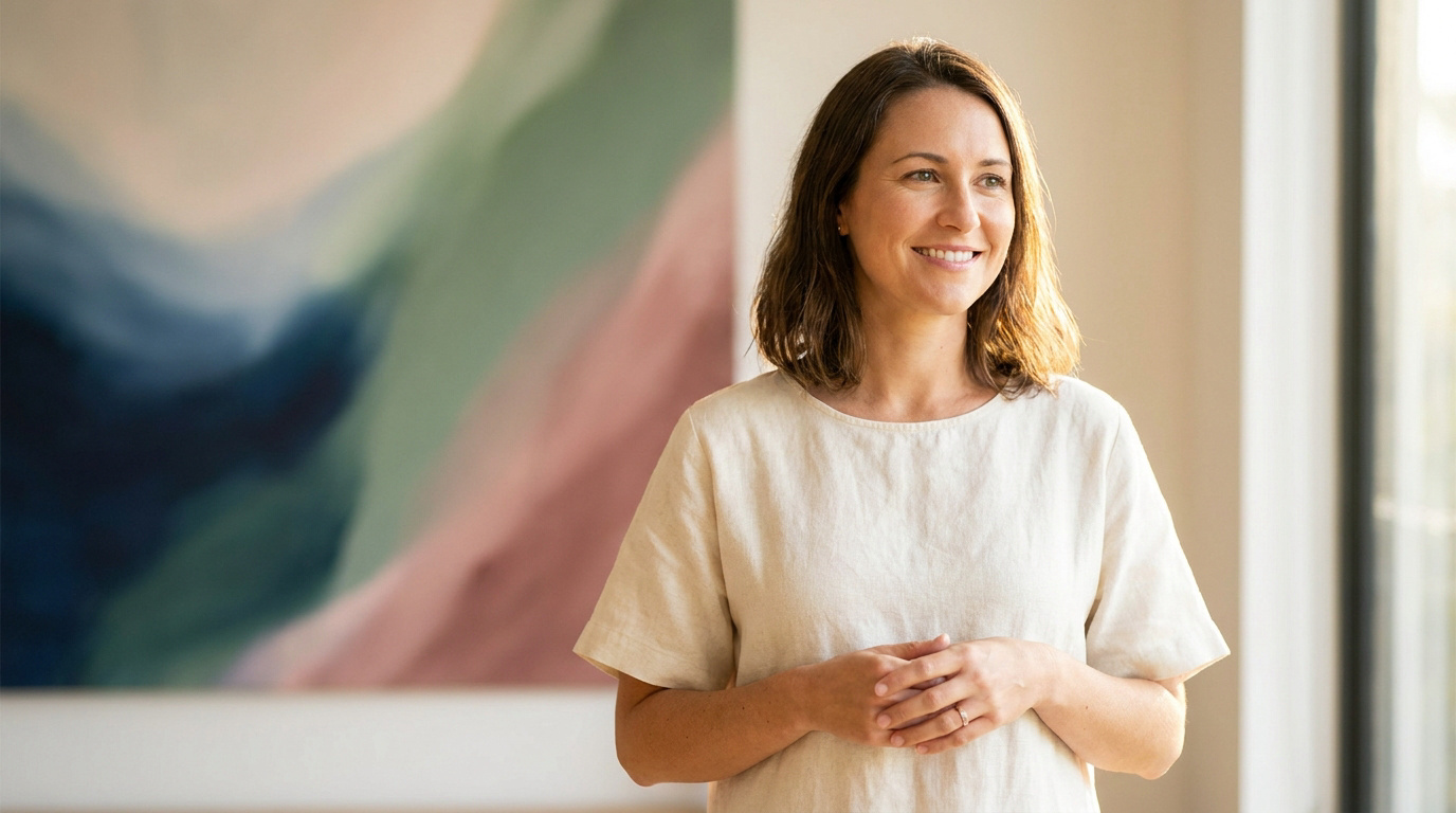 Une femme souriante en haut beige, posant devant une peinture abstraite aux tons doux dans un espace lumineux.