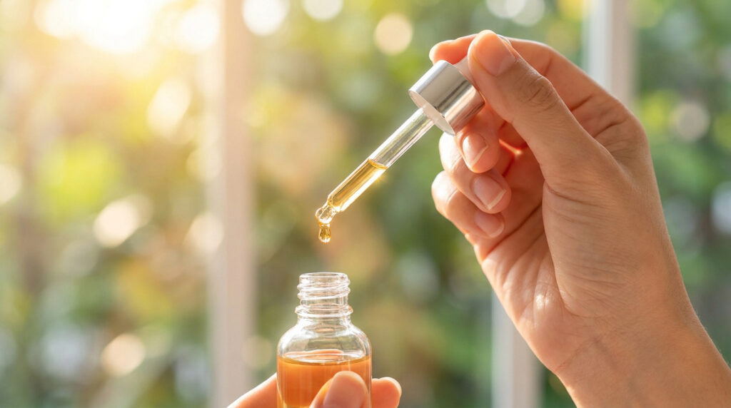 Une main tenant un compte-gouttes délivrant une goutte d'huile de vitamine D au-dessus d'un flacon en verre.