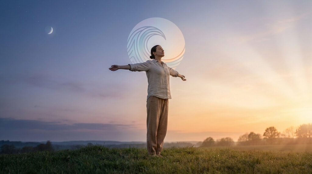 Femme debout les bras ouverts au lever du soleil avec un symbole de cercle ondulé derrière elle.