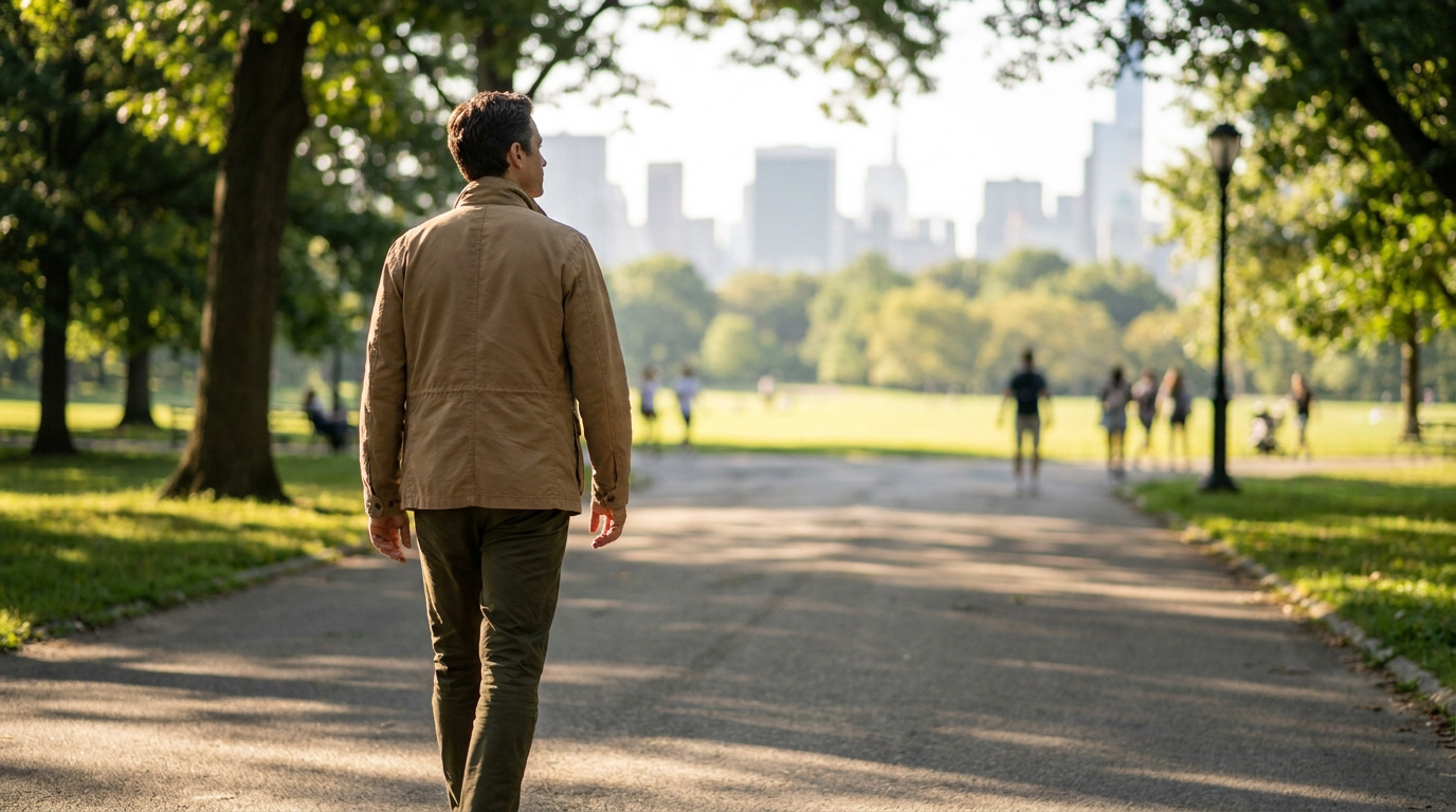 Un homme marche seul sur un sentier dans un parc urbain, face à une silhouette de ville en arrière-plan.