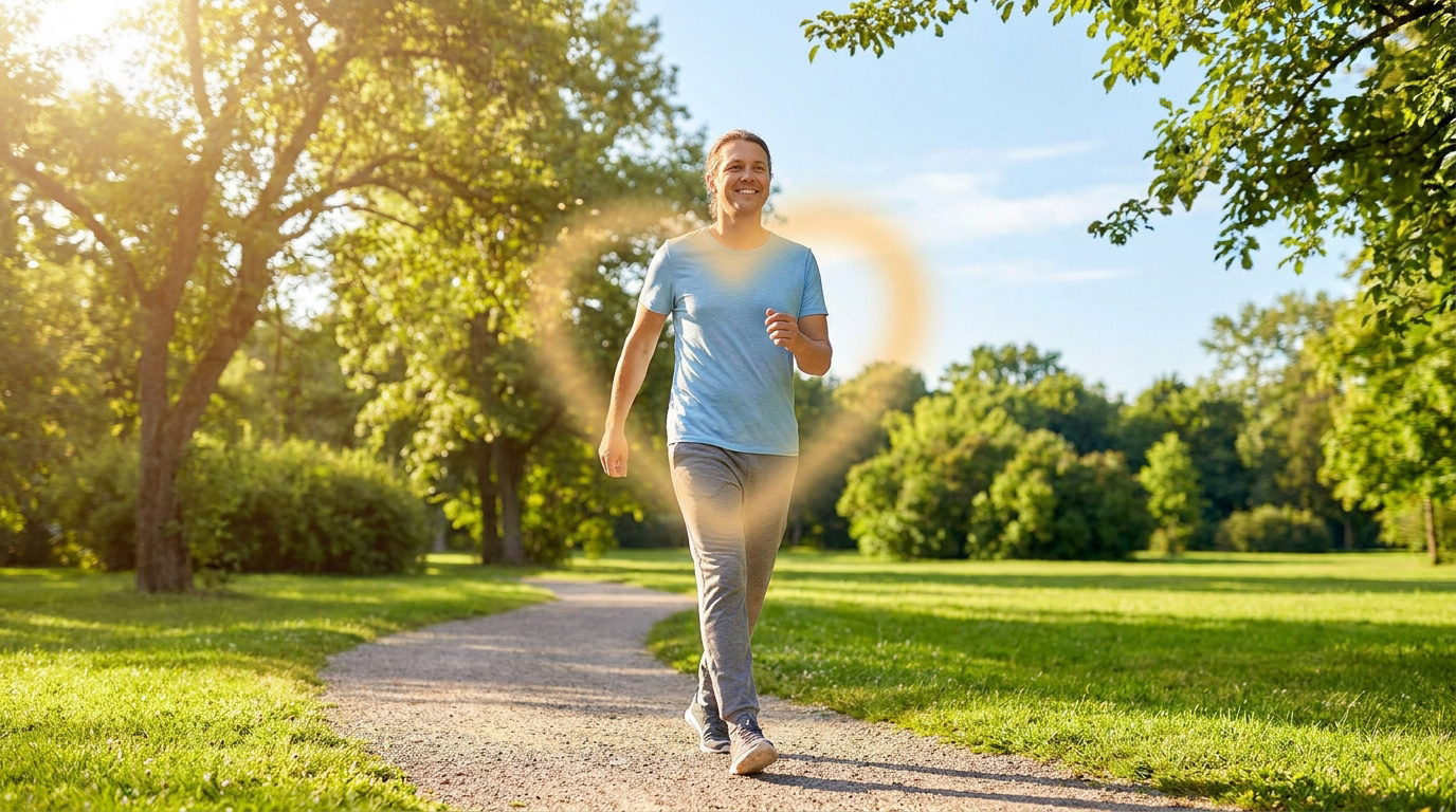 Un homme souriant marche dans un parc ensoleillé avec une icône de cœur lumineux autour de lui.