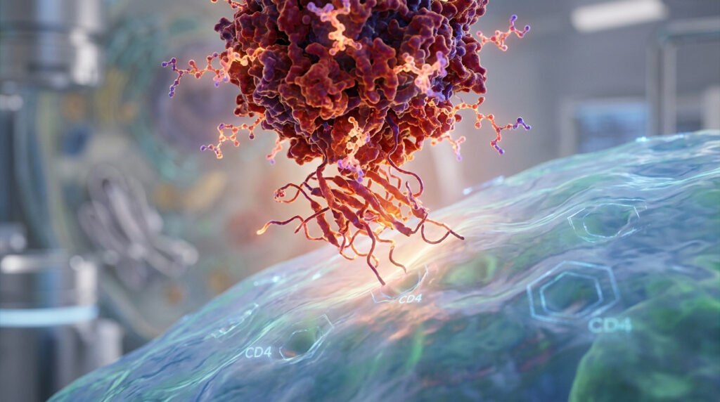 Une protéine virale se lie à un récepteur CD4 à la surface d'une cellule humaine.